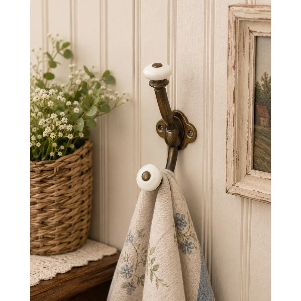 Vintage Brass Double Wall Hook with White Ceramic Ball Finials Taiwan